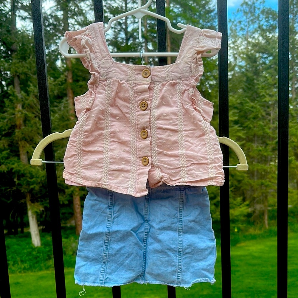 Pink Button-Up Top and chambray skirt set